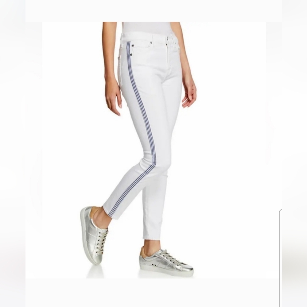 7 for All Mankind White High Rise Skinny Jeans w/Blue Stripes Sz 26